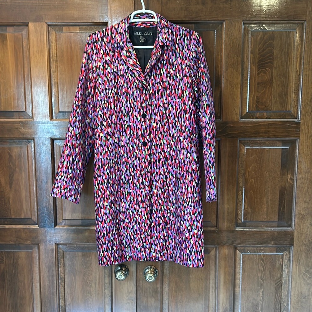 VTG Silkland 100% Silk Longline Jacket Coat Size 6 Colorful Confetti Print 90s - Picture 5 of 11